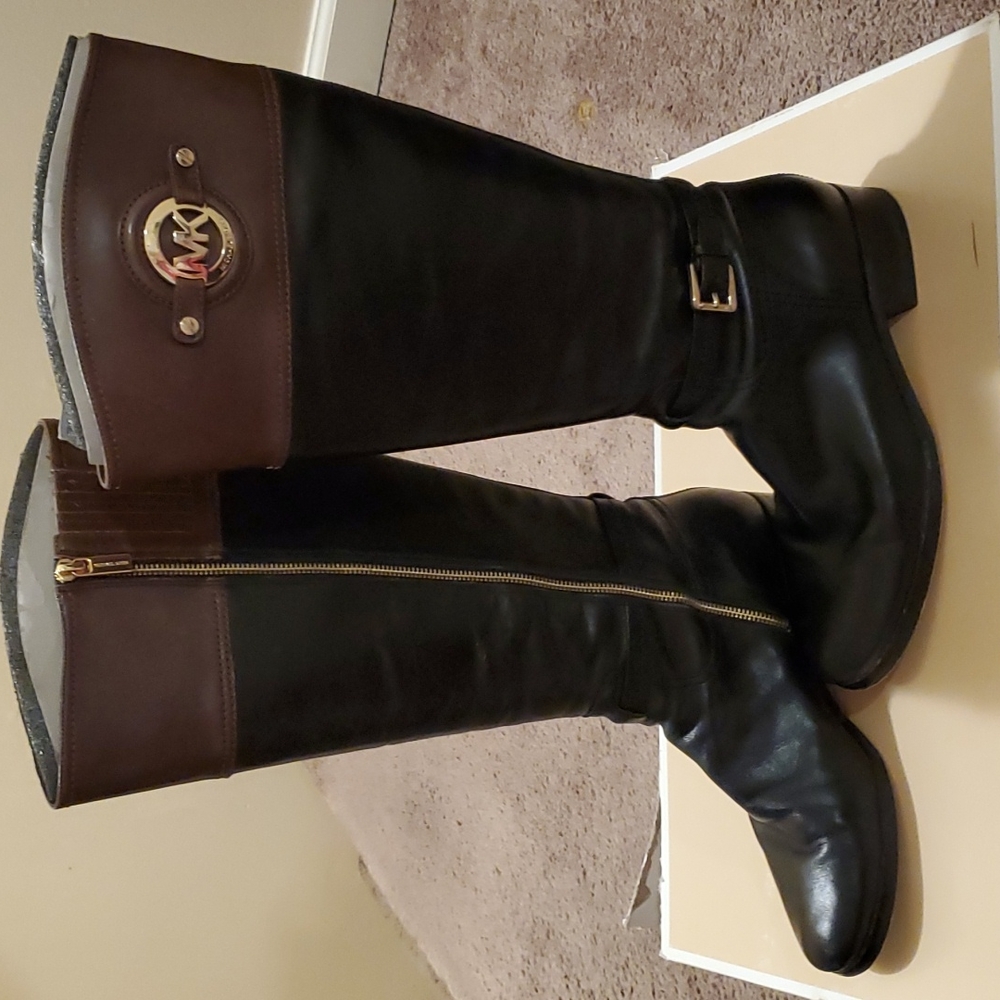 Ladies MICHAEL Michael Kors two-tone, wide-calf riding boots, size 10M.